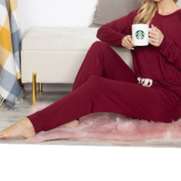 NEW Solid Burgundy Long Sleeves Top and Joggers Set with Tie Casual and Lounging - Picture 3 of 7